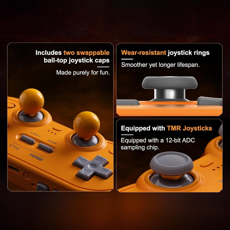 AKNES 8BitDo Pro 3 Bluetooth Controller for Switch/Switch 2,TMR Joysticks,Programmable Pro Back Buttons&R4/L4 Bumpers,Hall/Tactile Triggers,Swappable ABXY Buttons,for Windows,Apple,SteamOS,Android - Orange - Image 5